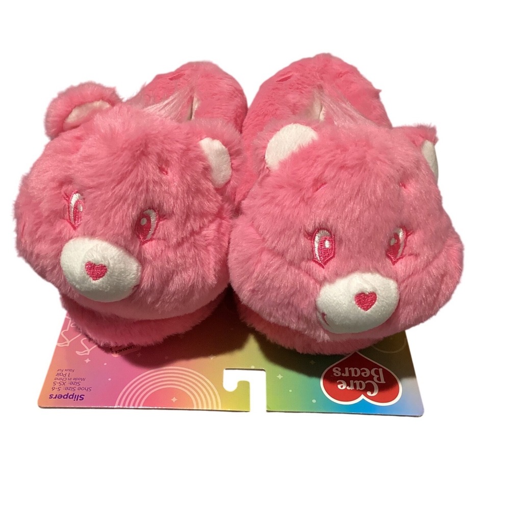 Care Bears Pink Plush Slippers Love-a-Lot Bear Faux Fur House Shoes XS-S 5-6
